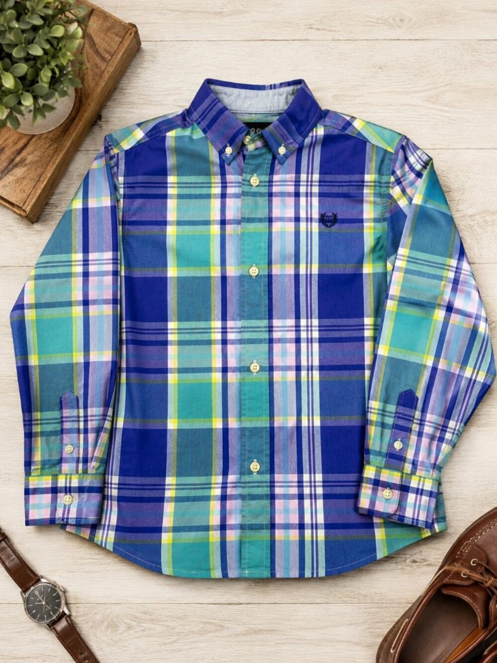 Vintage Style Chaps Boys Plaid Button Down Shirt Blue Preppy Size 7